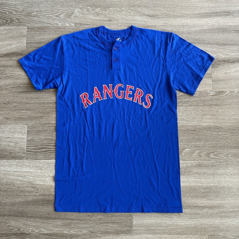 Texas Rangers Majestic Short Sleeve Button T Shirt MLB Baseball Blue Men's Large